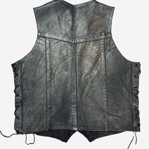 UNIK Men's Black Leather Motorcycle Vest Sz 42 Snaps Lace-Up Sides Pockets Biker - Picture 4 of 16